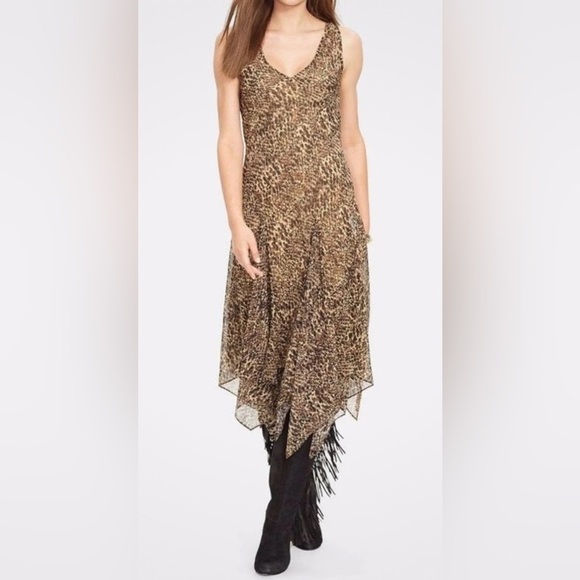 Lauren Ralph Lauren Georgette Animal Print Handkerchief Hem Midi Dress Size 4P - Picture 10 of 10